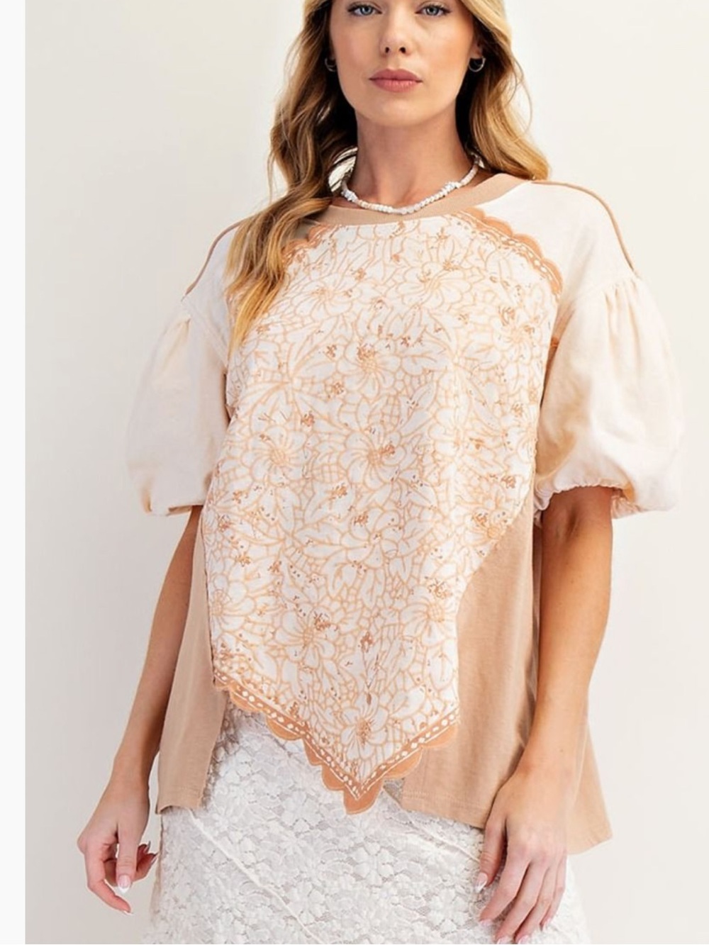 Women’s Peach Floral Scarf-Front Puff Sleeve Top